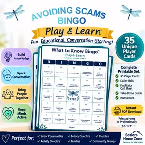 Może przedstawiać: Zestaw do gry Avoiding Scams Bingo z siatką 5x5 zawierającą wskaz&oacute;wki edukacyjne dotyczące zapobiegania oszustwom. Zawiera 35 unikalnych kart gracza, kule do losowania, arkusz prowadzącego i przewodnik. Projekt z niebieskimi ważkami i tekstem.