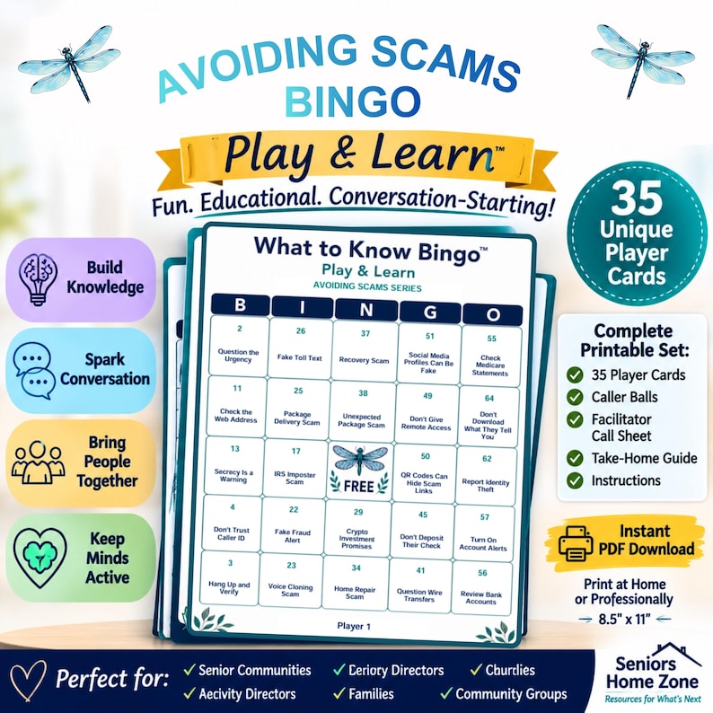 Może przedstawiać: Zestaw do gry Avoiding Scams Bingo z siatką 5x5 zawierającą wskaz&oacute;wki edukacyjne dotyczące zapobiegania oszustwom. Zawiera 35 unikalnych kart gracza, kule do losowania, arkusz prowadzącego i przewodnik. Projekt z niebieskimi ważkami i tekstem.