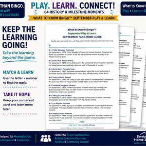 May include: A What to Know Bingo September Play & Learn take-home guide featuring historical milestones. The document lists events like Phillis Wheatley's published poems, Emma Nutt as a telephone operator, and the end of World War II with letter-number codes.