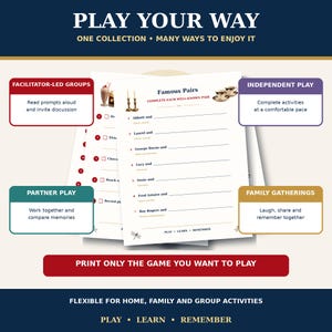 Pu&ograve; includere: Un foglio di gioco stampabile intitolato Famous Pairs con righe numerate per completare coppie famose. Il documento include piccole illustrazioni di un frapp&egrave;, candele e tazze da t&egrave;, con il testo Play, Learn, Remember in basso.
