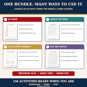 May include: A digital activity bundle featuring four distinct sections: At Home, Group Settings, Facilitator Friendly, and Mix and Match. Each section displays sample printable pages, including trivia, crosswords, and word searches, with text detailing usage options for individual or group play.