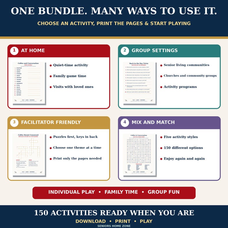 May include: A digital activity bundle featuring four distinct sections: At Home, Group Settings, Facilitator Friendly, and Mix and Match. Each section displays sample printable pages, including trivia, crosswords, and word searches, with text detailing usage options for individual or group play.