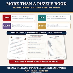 May include: A puzzle book titled More Than A Puzzle Book with 150 ways to think, talk, laugh, and enjoy the moment. It features sections for word and trivia challenges, conversation themes, fill-in stories, and activity styles with sample pages.