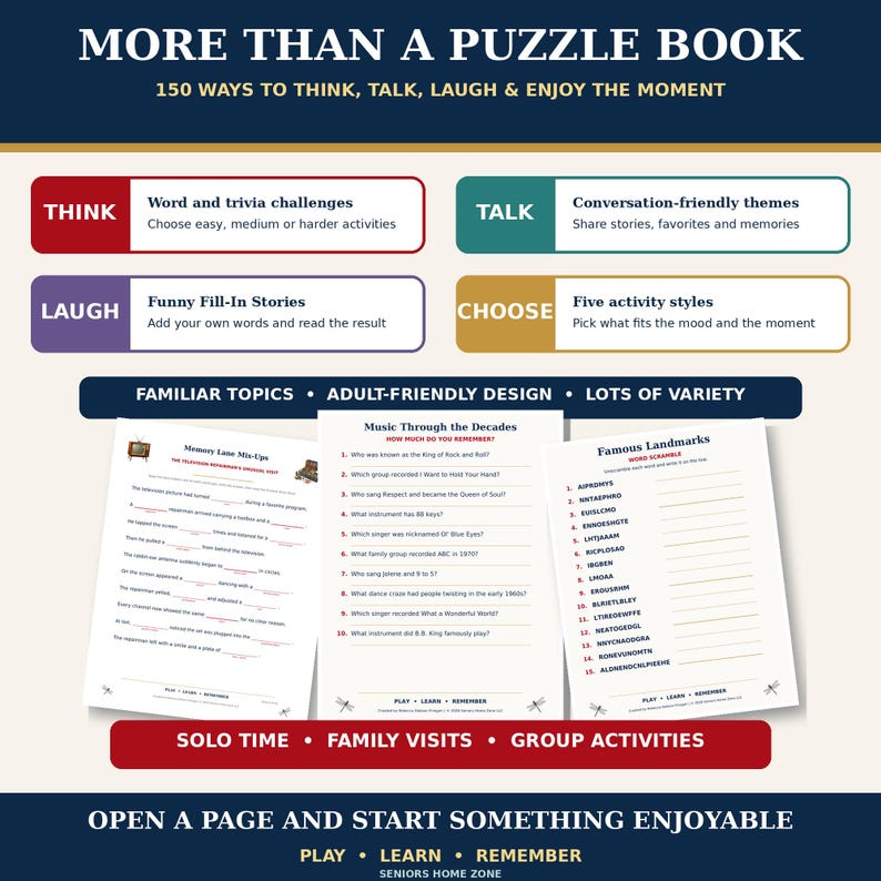 May include: A puzzle book titled More Than A Puzzle Book with 150 ways to think, talk, laugh, and enjoy the moment. It features sections for word and trivia challenges, conversation themes, fill-in stories, and activity styles with sample pages.
