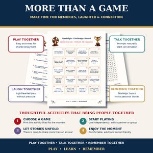 Pu&ograve; includere: Un foglio di gioco Nostalgia Challenge Board con una griglia di venti caselle numerate con suggerimenti, circondato da testo informativo che include MORE THAN A GAME, PLAY TOGETHER, TALK TOGETHER, LAUGH TOGETHER e REMEMBER TOGETHER.