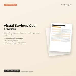 May include: A digital Visual Savings Goal Tracker document with a beige background. Text includes ADHD-FRIENDLY, Steady Ledger Co., and Visual Savings Goal Tracker. The document features a 20-segment fill-in progress bar and milestone markers.