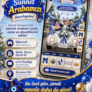 May include: A mobile phone screen displaying a digital game interface titled Sünnet Arabamızı Hazırlayalım. The screen shows a white car decorated with blue ribbons, flowers, and a nazar amulet, with a family inside and various customization icons.