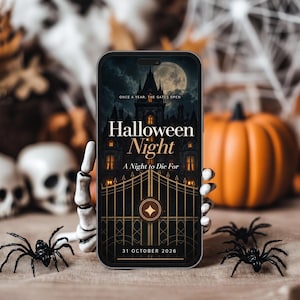 May include: A smartphone displaying a digital graphic with a dark castle, a full moon, and gold gates. The text reads: Once a year, the gates open, Halloween Night, A Night to Die For, 31 October 2026. The screen features a central gold diamond icon.