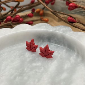 May include: A pair of small, red maple leaf stud earrings. Each earring features a textured surface with carved vein details, designed as a post-style accessory. The earrings are positioned on a white, scalloped-edge circular surface.