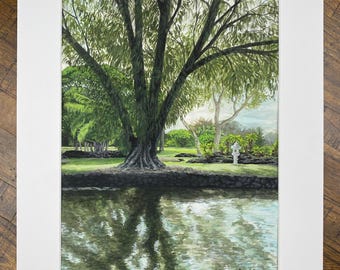 Original Gouache Painting | Liliʻuokalani Gardens | Hilo, Hawaii Landscape (9x12 Artwork,  12x16 Matted)