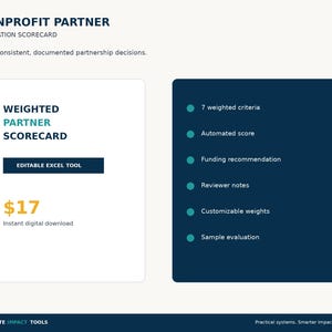 Puede incluir: Una herramienta digital de tarjeta de puntuación para evaluar socios sin fines de lucro que incluye una tarjeta de puntuación ponderada, una herramienta de Excel editable y una lista de funciones como siete criterios ponderados y pesos personalizables.