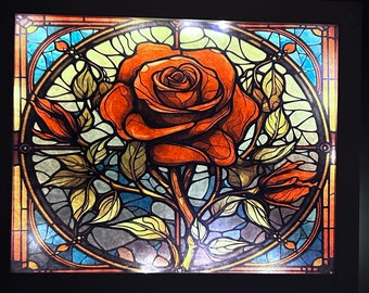 Red Rose light box Stained Glass style Shadow Box wall decor frames 9x9 or 8 x 10 gray, black or white frame