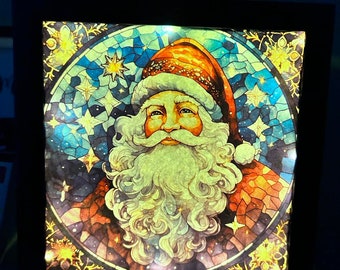 Lighted Stained Glass Santa Shadow Box Santaclauss Christmas Decor wall decor frames 8 x 8