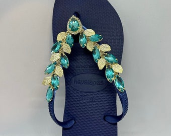Rhinestone Havaianas Bride Jewelry size 7/8 Wedding flip flops Mothers Day Gift Bling Beach thongs Cristal Blue sweet sixteen sandals