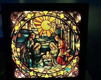Lighted Stained Glass Nativity Shadow Box Christmas Decor wall decor frames 8 x 8