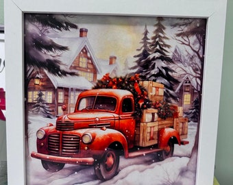 Christmas Red Truck Lighted Shadow Box Christmas Decor wall decor frames 8 x 8 vintage red truck