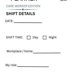 Peut inclure: Une page de planification de service de 12 heures pour les travailleurs sociaux avec une icône en forme de cœur représentant des mains qui enlacent un cœur. Le texte inclut "12-HOUR SHIFT PLANNER", "CARE WORKER EDITION", "SHIFT DETAILS", "DATE", "SHIFT TIME", "Day", "Night", "Workplace / home", "My role", et "Plan . Organise . Stay on Track" avec le chiffre 1 en bas.