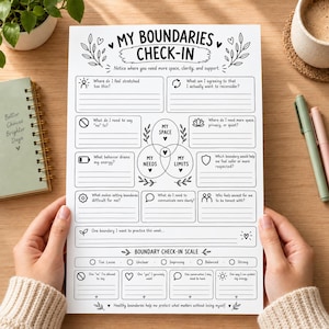 May include: A white paper worksheet titled My Boundaries Check-In with black text and line art icons. The layout includes sections for reflection on personal space, needs, and limits, plus a boundary check-in scale and writing prompts.