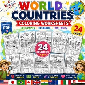 Hojas para colorear de países del mundo para niños, actividad de geografía imprimible de 24 páginas.