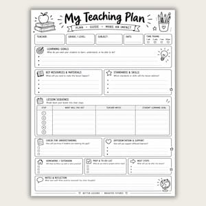 Teacher Lesson Plan Template, Printable One-Page Teaching Worksheet with Learning Goals & Reflection