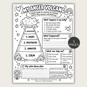 May include: A black and white printable worksheet titled My Anger Volcano with a volcano graphic divided into five emotional levels, sections for body sensations, triggers, coping strategies, and a calm-down plan, featuring hearts, stars, and a flower.