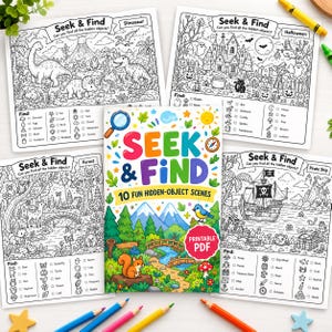 Pode incluir: Uma coleção de quatro folhas de atividades Seek and Find em preto e branco com temas de dinossauros, Halloween, floresta e navio pirata, ao lado de uma capa central colorida intitulada Seek and Find 10 Fun Hidden-Object Scenes.