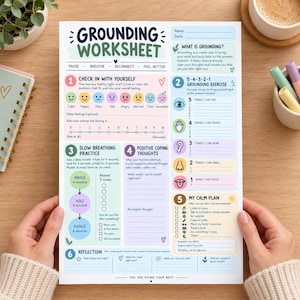May include: A printed Grounding Worksheet featuring six sections for mindfulness exercises, including a 5-4-3-2-1 sensory check, slow breathing practice, and a calm plan. The document uses pastel colors, icons, and text to guide emotional regulation.