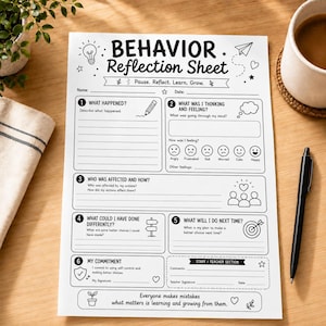 Student Behavior Reflection, Think Sheet, SEL Worksheet, Classroom Management, Behavior Support, School Counselor Printable