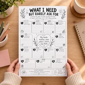 Arbetsblad om emotionella behov, utskrivbar guidad självreflektion, personliga behov och egenvård i PDF-format