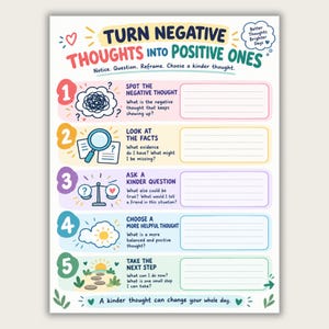 Werkblad Negatieve Gedachten voor Kinderen en Tieners, Cognitieve Gedragstherapie (CBT) Gedachtenherkadering, Omgaan met Angst, Sociaal-Emotioneel Leren (SEL) Activiteiten, Printbaar Therapiemateriaal, Counselor