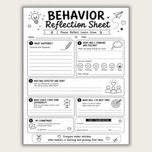 Op de afbeelding: Een zwart-wit gedragsreflectieblad met secties voor naam, datum en zes genummerde vragen. Het document bevat iconen zoals een gloeilamp, papieren vliegtuigje, potlood en gezichten die emoties weergeven om zelfreflectie te begeleiden.