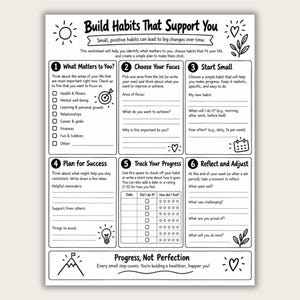 May include: A black and white habit tracking worksheet titled Build Habits That Support You. It features six numbered sections for goal setting, planning, and progress tracking, decorated with line art icons like a sun, heart, and lightbulb.