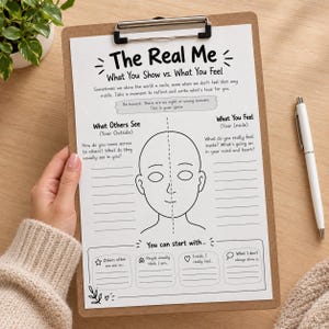 Werkblad voor zelfreflectie: Wat je laat zien versus wat je voelt, activiteit voor zelfbewustzijn.
