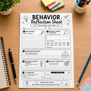 Student Behavior Reflection Sheet | SEL Worksheet, Classroom Management (Digital Download)