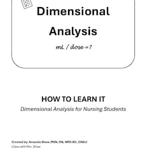 May include: A white rectangular sign with rounded corners featuring a black calculator icon and the text Dimensional Analysis and ml / dose =?. Below, the text reads HOW TO LEARN IT, Dimensional Analysis for Nursing Students, and Amanda Shaw.
