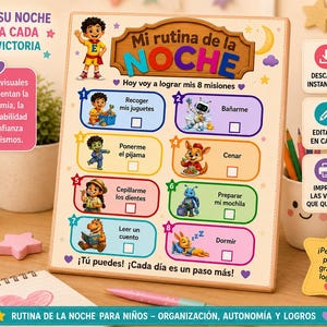 Puede incluir: Un cuadro de rutina visual rectangular titulado Mi rutina de la NOCHE que presenta ocho tareas numeradas con ilustraciones coloridas de personajes, casillas de verificación y texto en español para ayudar a los niños a seguir sus actividades nocturnas.