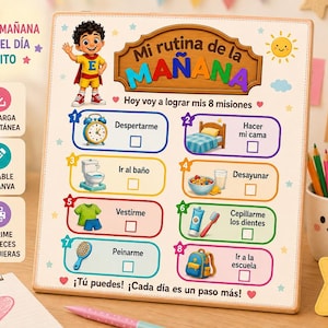 Puede incluir: Un cuadro de rutina matutina rectangular para niños titulado Mi rutina de la MAÑANA. Incluye un personaje de dibujos animados, un sol y ocho tareas numeradas con iconos que muestran un despertador, cama, inodoro, desayuno, ropa, cepillo de dientes, peine y mochila.