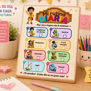 Puede incluir: Un tablero de rutina visual rectangular titulado Mi rutina DIARIA con ocho tareas numeradas, cada una con un icono colorido y una casilla de verificación. El tablero incluye ilustraciones de un niño, un camaleón, un robot y varios animales.