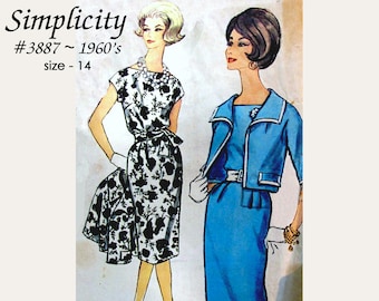 Simplicity 3887 ~ Slenderette ~ Misses' and Women's One Piece Dress and Jacket - Jackie O Style - Size 14 - Vintage 1960