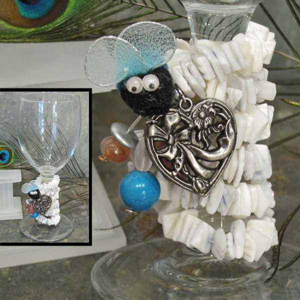 Bee Mine Valentine Wine Goblet ~ Wire Wrapped Wine Glass with Beaded Stem, Heart Charm, and Sweet Blue BumbleBee