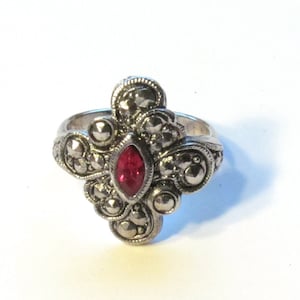 Avon Faux Marcasite Filigree Ring ~ Silvertone Ruby Marquise Ring ~ Ruby and Marcasite Ring ~ Cocktail Ring - Size 7, Vintage 1994