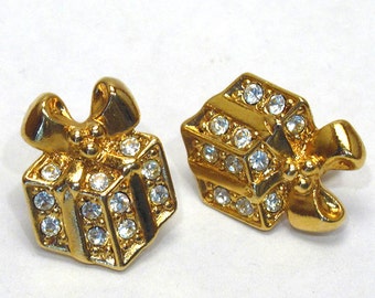 Christmas Gifts Sparkling Packages Goldtone Earrings - AVON - Vintage 1992 (pierced)