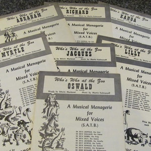 Pode incluir: Uma coleção de partituras para uma menagerie musical, com vários animais como um canguru, uma tartaruga, uma zebra e um sapo. Cada capa de partitura tem um animal diferente e o título "Quem é quem no zoológico" com o nome do animal.