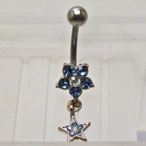 CZ Flower w/Dangling Star Belly Ring ~ Summer Style Navel Ring ~ Belly Button Ring ~ Piercing Body Jewelry: Surgical Steel - Hypo Allergenic