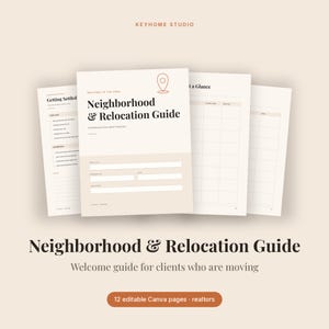 May include: A digital Neighborhood & Relocation Guide template featuring multiple pages with a cream background and dark brown text. The cover displays a location pin icon, the title, and blank fields for client information and dates.