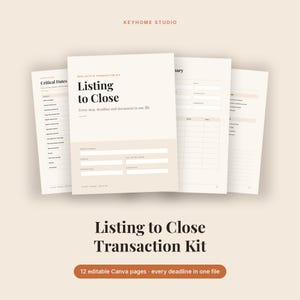 Op de afbeelding: Een digitale vastgoedtransactiekit met meerdere pagina's met de tekst Listing to Close, Critical Dates en Keyhome Studio. De documenten bevatten georganiseerde velden voor vastgoedadressen, klantnamen en contractdata in een beige lay-out.