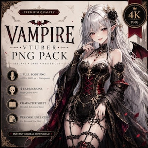 May include: A digital character illustration of a vampire with long silver hair, pointed ears, and red eyes, wearing a black and red corset outfit with intricate lace details. The image includes text reading VAMPIRE VTUBER PNG PACK.