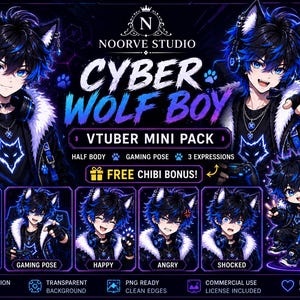 May include: A digital character asset pack titled Cyber Wolf Boy VTuber Mini Pack by Noorve Studio. It features an anime-style character with black and blue hair, wolf ears, and a black jacket with a glowing wolf emblem, including various expressions.