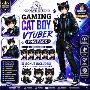 May include: A digital character asset pack featuring a male cat boy character with black hair, cat ears, and blue accents. The set includes full body, half body, and bust up PNGs, five facial expressions, and three bonus chibi character illustrations.