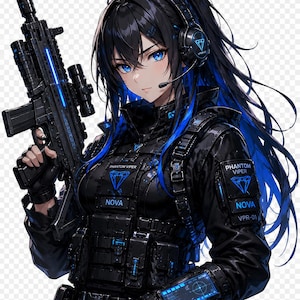 May include: A character with long black hair featuring blue highlights, wearing a black tactical vest and jacket with blue accents. The gear displays the text PHANTOM VIPER and NOVA. The character holds a black rifle and wears a headset with a microphone.